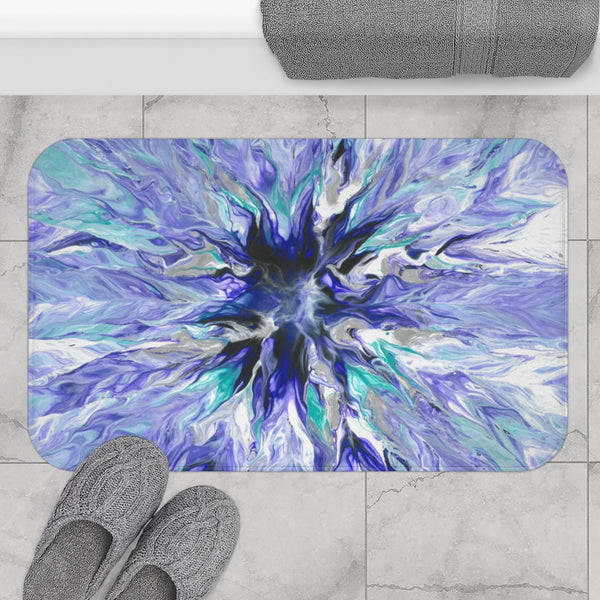 Lavender art bath mat on gray bathroom floor