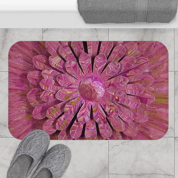 Pink flower bath mat in gray bathroom