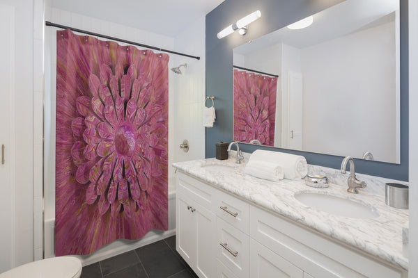 Pink flower shower curtain in gray bathroom