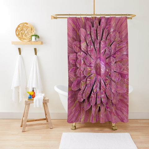 Pink flower shower curtain with white tub