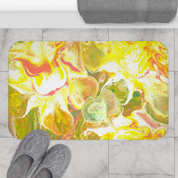 Daffodil abstract art bath mat on gray bathroom floor