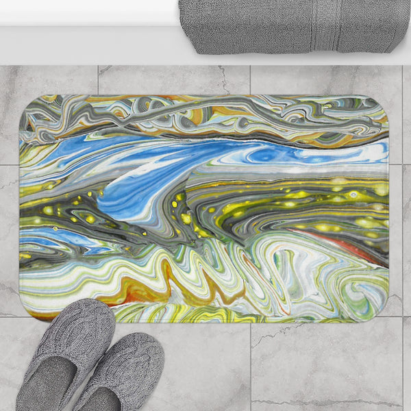 Spring storm abstract art bath mat on gray bathroom floor