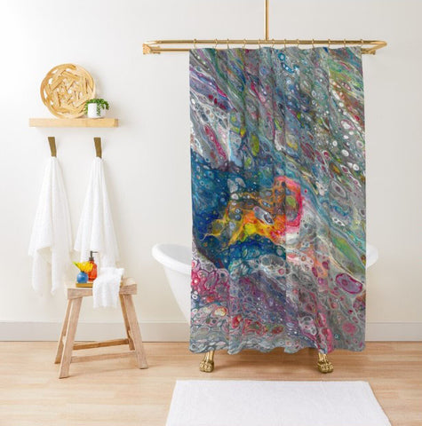Asteroid shower curtain on white tub