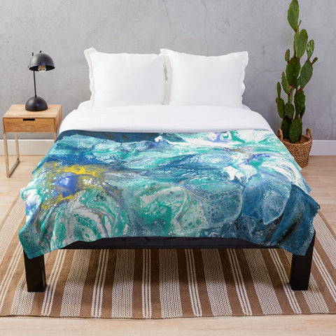 Blue flowers sherpa fleece blanket on bed