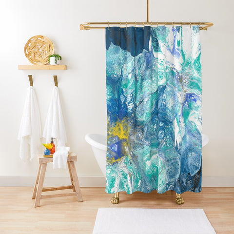 Blue flowers abstract shower curtain on white tub