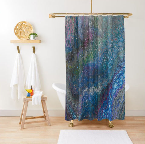 Blue galaxy abstract shower curtain on white tub