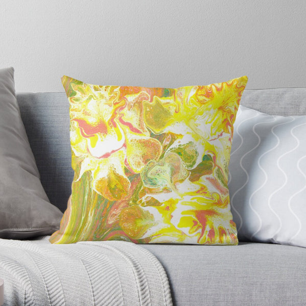 Daffodil abstract art pillow on gray couch