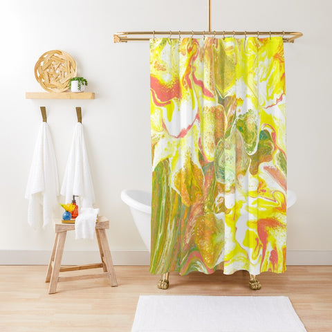 Daffodil abstract art shower curtain on white tub