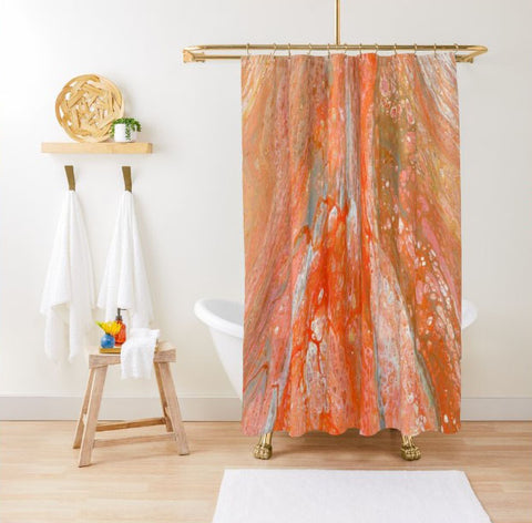 Orange abstract art shower curtain on white tub