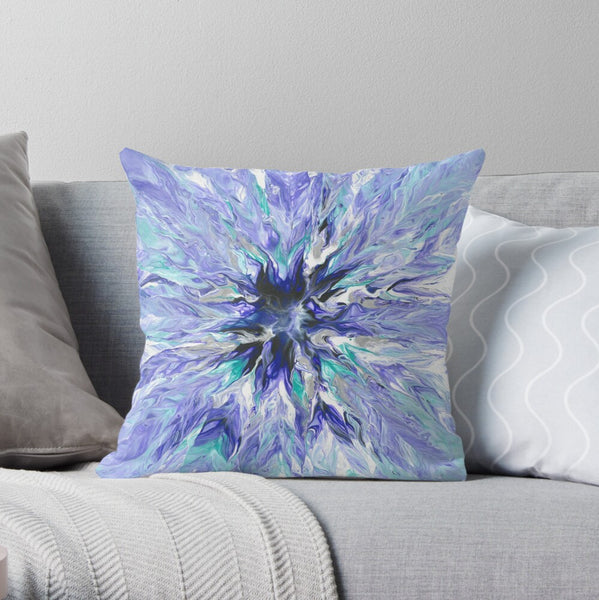 Lavender abstract art pillow on gray couch