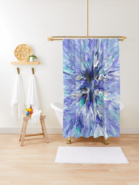 Lavender art shower curtain in white tub