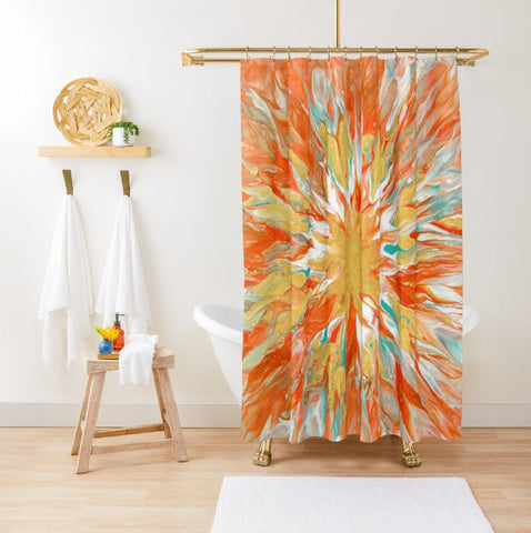 Orange and gold shower curtain on white tub