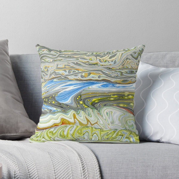 Spring storm pillow on gray couch