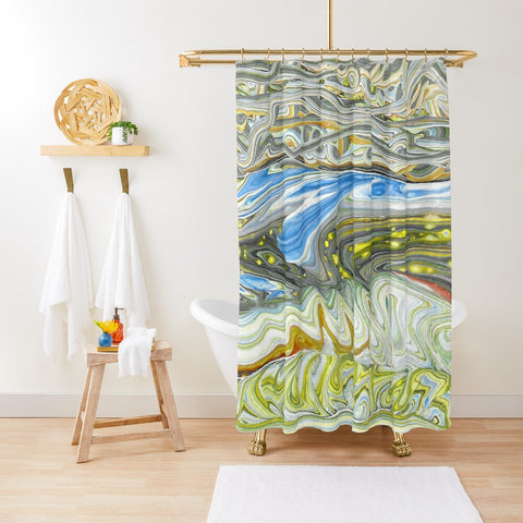 Spring storm abstract art shower curtain on white tub