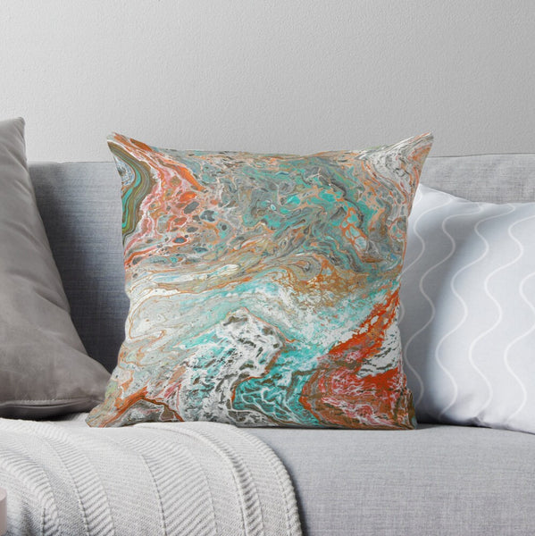 Whitewater abstract art pillow on gray couch