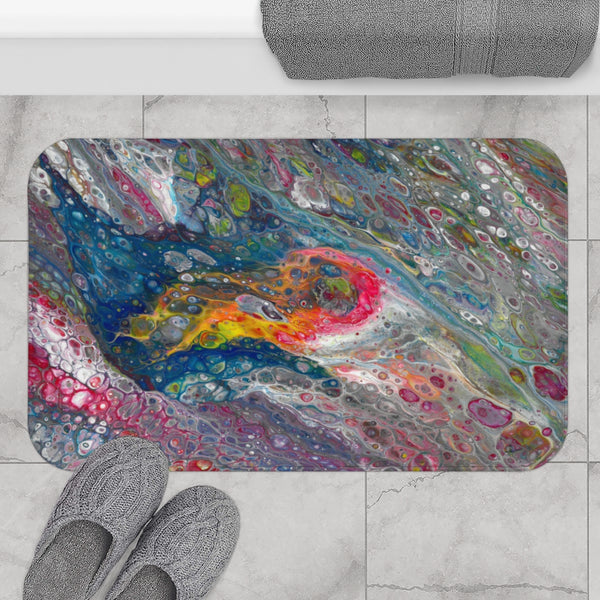 Asteroid bath mat in gray bathroom