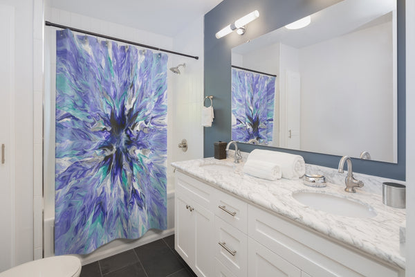 Lavender art shower curtain in gray bathroom