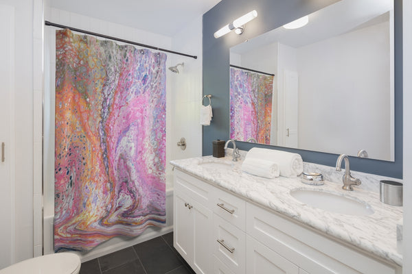 Pink galaxy shower curtain in gray bathroom